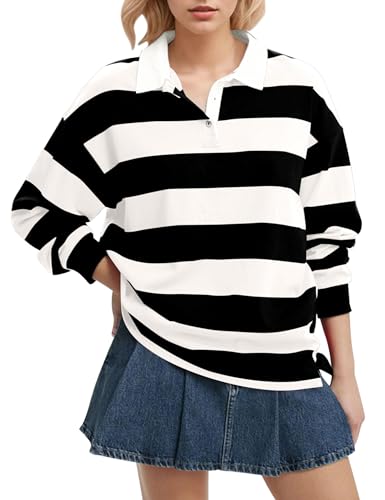 Lenader Women Long Sleeve Striped Polo Shirt Oversized Collar Y2k Pullover T Shirt Casual Loose Streetwear Rugby Sweatshirt Black-White