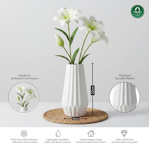 Image of TrustBasket Serene Flower Vase Blue White Yellow Set of 3 Decorative Plastic Table Accent for Living Room, Bedroom & Dining Table, Modern Home Decor Display for Fresh or Artificial Floral Arrangements