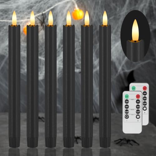 Image of Black Halloween Flameless Candles with Remote, 9.6 inch Wax LED Taper Candles | Battery Operated Candlesticks with 3D Wick, Dimmer, Flickering Mode, Table Mantel Home Indoor Party Festival Decor, 6 Pack