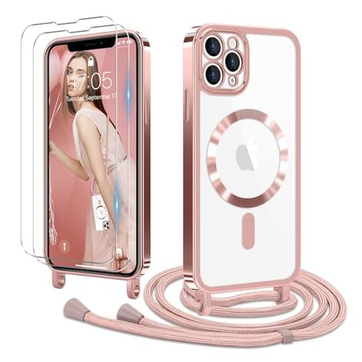 Ethanger Handyband für iPhone 11 Pro Max Hülle mit Band + 2 Stück Glas Schutzfolie Transparent Silikon Handyhülle Magnetische Schutzhülle Case zum Kordel Abnehmbar für iPhone 11 Pro Max Rosa