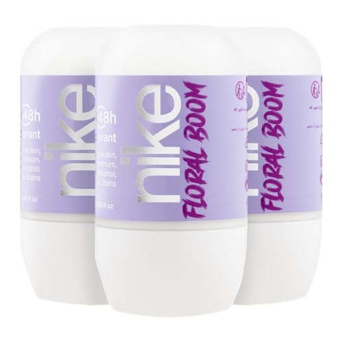 NIKE - Floral Boom, Desodorante Mujer Roll-On, Pack de 3 x 50 ml, Desodorante Antimanchas para Piel Sensible, 0% Alcohol y 0% Sales de Aluminio, de Larga Duración, Fragancia Almizclada Floral