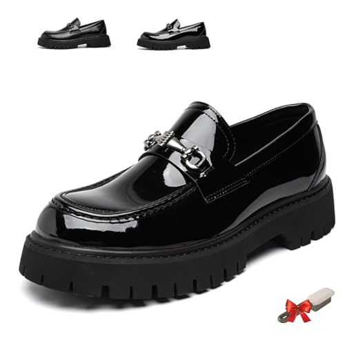 Men's Patent Leather Platform Slip On Loafers, Classic Round Toe with Metal Horsebit Business Casual Formal Work Penny Shoes