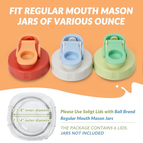 Image of Soligt 6 Pack Colorful Mason Jar Lids, Regular Mouth Pour Spout Flip Cap Lids for Ball Brand Mason Jars, Leakproof, Portable & Refrigerator Safe (2 Gray Blue Lid, 2 Light Green, 2 Watermelon Red)