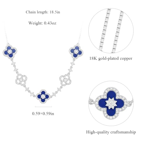 Ningnvshi] Necklaces for Women Silver Plated Four-Leaf Clover Necklace with Blue Mother of Pearl & Sparkling Zirconia Adjustable Chain Hypoallergenic Jewelry Gift for Wife Valentine's Day Anniversary — view 4