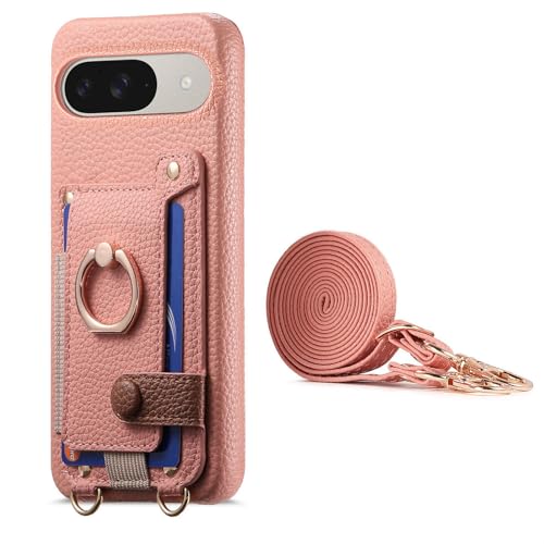 Étui portefeuille rose pour Google Pixel 8 Pro housse rigide en cuir avec bandoulière
