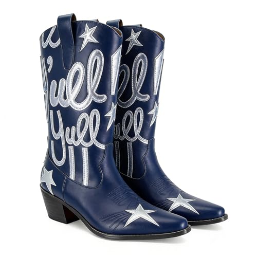 Image of Women's Mid Calf Western Cowboy Boots Pull On Cowgirl Boots with Fashion Star Embroidery Letter Pointed Toe Chunky Heel