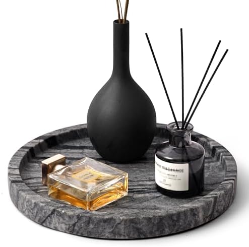 WORHE Natural Marble Vanity Tray for Bathroom Bedroom Kitchen Dresser, Round Decorative Trays for Jewelry, Perfume, Cosmetic, Candle, Countertop Storage Organizer for Home Decor Gray Black (WH017)