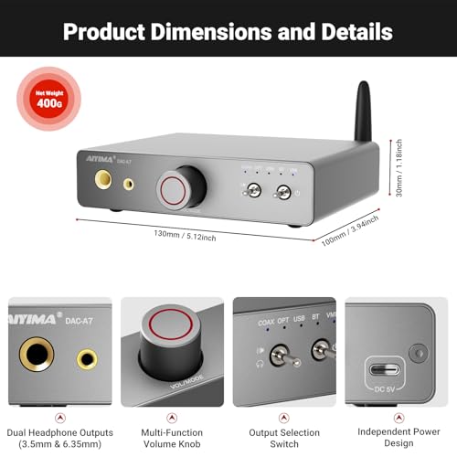 Image of AIYIMA DAC A7 Mini Desktop Bluetooth DAC, USB C Digital to Analog Audio Converter for Home Stereo Amplifier,3.5mm | 6.35mm Dual Headphone Jacks, Optical /Coaxial Input, RCA Output