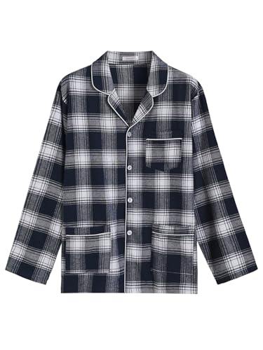 Latuza Men's Plaid Cotton Flannel Pajama Top Long Sleeve Button Down Sleep Shirt, Navy, Large