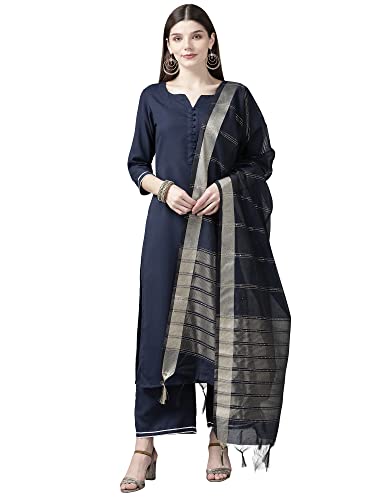 Image of Women Rangpreet Navy Blue Solid Straight Kurta Palazzo With Dupatta Set