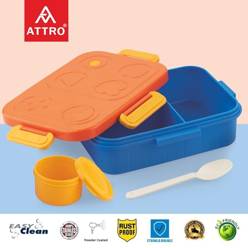 Image of ATTRO TicTac Plastic Lunch Box - 3 Compartment Bento Tiffin, Leak-Proof & Durable, Ideal for Kids, School, Picnic- 1200ml+80ml, Orange Blue