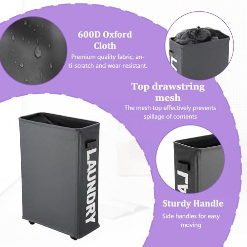 Image of 42L Narrow Rolling Laundry Basket, Slim Laundry Hamper with Wheels and Brake, Collapsible Skinny Laundry Cart for Dorm and Small Spaces, Dark Gray