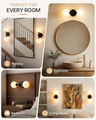 Image of Yunnix Black Bathroom Vanity Light, Modern Globe Vanity Light with Milk White Glass Shade, Mid Century Vanity Lighting Wall Sconce for Mirror, Bathroom Hallway Entryway (2 Pack, Bulbs Not Included)