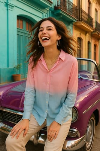 Image of Maaesa Women Handmade Ombre Tie & Dye Rayon Shirt | Relaxed Fit | Lightweight Breathable | Long Sleeve Button-Down | Classic Collar | Casual & Office Wear