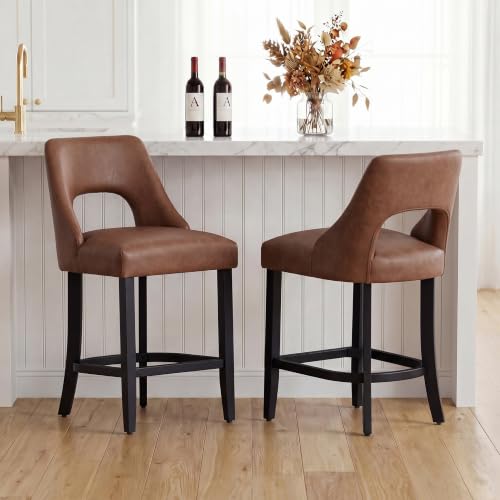 Image of UVV Bar Stools Set of 6, Modern Upholstered Counter Height Bar Stools, Faux Leather Counter Stools BarStools with Wood Legs for Kitchen Island Dining Room Bar, Brown