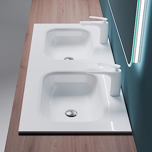 Mai & Mai Waschbecken Einbauwaschbecken Doppelbecken Mineralguss Waschtisch Waschplatz große Ablagefläche rechteckig Breite: 120cm Col04