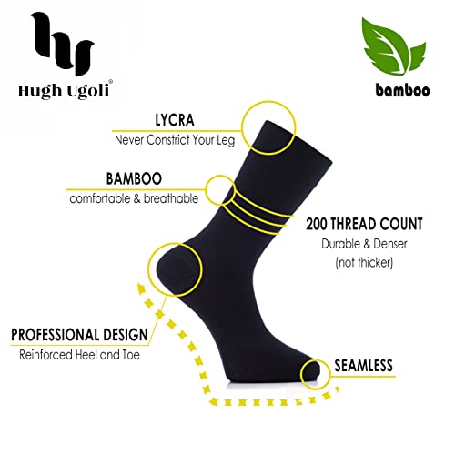 Hugh Ugoli Men's Bamboo Dress Socks Seamless Toe Business Crew Men Thin Socks, 4 Pairs, Shoe Size: 8-12