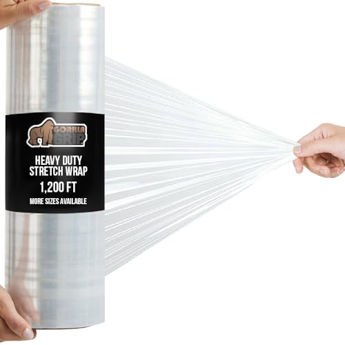 GORILLA GRIP 500% Stretch Film Heavy Duty Plastic, 1200ft Shrink Wrap Roll 17' Puncture Resistant, Industrial Strength for Shipping, Pallet Storing, Moving, Packing Furniture Protection 1 Pack Clear