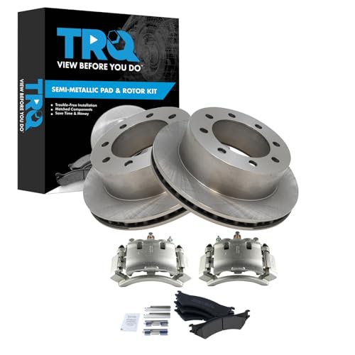 Image of TRQ Rear Brake Pad, Caliper, & Rotor Kit Semi-Metallic Vented Compatible with 2003-2007 Ford E-250 1999-2002 E-250 Econoline