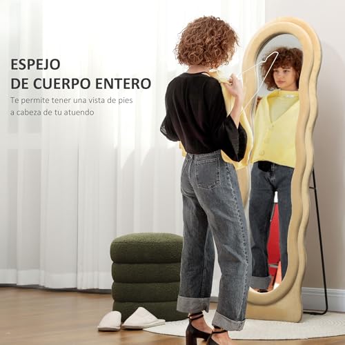 HOMCOM Espejo de Cuerpo Entero 160x50 cm Espejo de Pie o de Pared Diseño Ondulado Marco con Tela de Terciopelo para Salón Dormitorio Beige - imagen 3