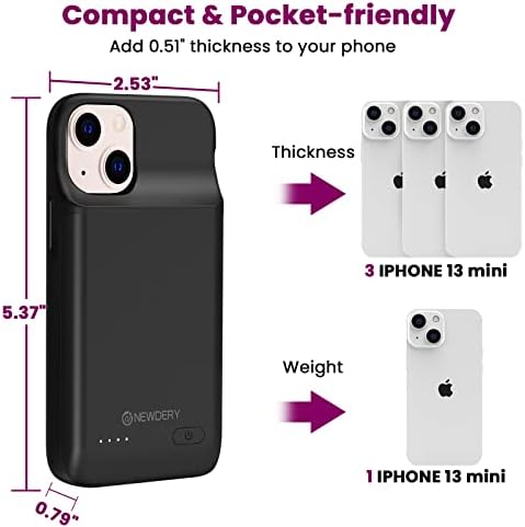 NEWDERY Battery Case for iPhone 12 Mini & iPhone 13 Mini, 4700mAh Slim Portable Protective Charging Cover, Rechargeable Extended Power Charger Case for iPhone 12 Mini & iPhone 13 Mini (5.4 inch)