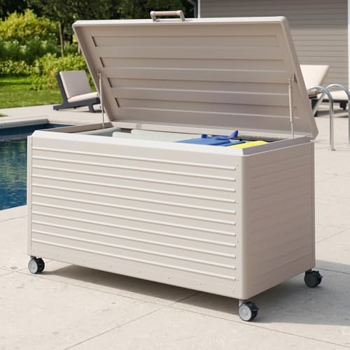 Image of MIRADOR 175 Gallon Outdoor Storage Box with Wheels & Soft-Close Lid, Waterproof Metal Deck Box for Patio Cushions, Garden Tools & Pool Accessories, Latte