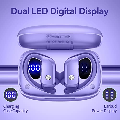 Wireless Earbuds Bluetooth Headphones 48Hrs Play Back Sport Earphones With Led Display Over-Ear Buds With Earhooks Built-In Mic Headset For Workout Purple Bmani-Veat00L #TOP1