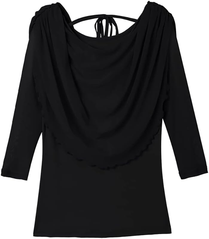 Whitewed Strap Tie Back Sheer Mesh 3/4 Sleeve Draped Cowl Neck Ballroom Latin Dance Top