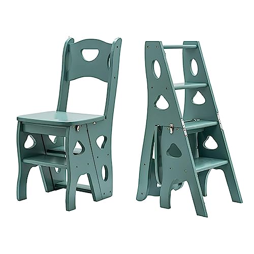 JQUAL 4 Step Wooden Folding Library Ladder Chair with Seat, Lightweight Portable Ladder Shelf, Multifunctional Step Stool, Stepladders Display Stand for Office Home Kitchen (Color : Green)