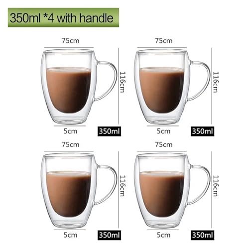 MJINA 350 ml przezroczysty kubek z podwójną ścianką, ręcznie robiony kubek do gorącej kawy, narzędzie wielokrotnego użytku (350 ml X4 z uchwytem)