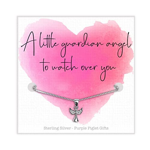 Image of Purple Piglet Gifts Sterling Silver Angel Necklace - Silver Box Chain Cubic Zirconia Pendant - Unique Thoughtful Christening Gift - Guardian Angel Gift For Woman Lady