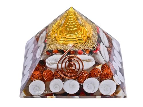 Crystal Heaven Laxmi Pyramid Original Certified Gomati Chakra, Rudraksha, Cowrie Kodi Maha Laxmi Pyramid - 90 mm Large Orgonite Pyramid with Shree Yantra - Vastu Items for Good Luck, Money & Wealth