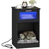 Nightstand with Charging Station and LED Light, Side End Table with Glass Door, Modern Bedside Table for Bedroom, Living Room