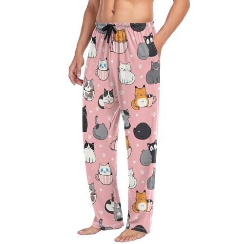 Cute Cat Heart Pajama Pants Cartoon Pink Animals Men's Pajama Bottoms Lounge Sleepwear PJs Casual Lightweight Sleep Pants L4