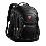 Mochila Couro Sintético Premium Resistente à Água Antifurto Cabo de Aço Saída USB P2 Compartimento Notebook até 17” Grande Capacidade 50L Executiva Unissex (Preta)