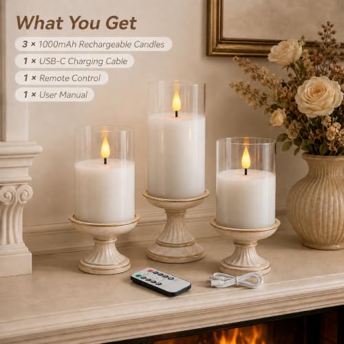 Image of Lezonic Rechargeable Flameless Glass Pillar Candles Set of 3, White Real Wax LED Type-C USB Electric Battery Operated Candles with Remote Timer, Flickering Long Lasting for Bedroom Living Room Decor