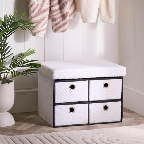 OHS 4 Cube Drawer Storage Chest of Drawers, Boucle Upholstered 4 Drawers Storage Unit organizer with Metal Handle Cube Unit Closet organizer for Bedroom Living Room, White