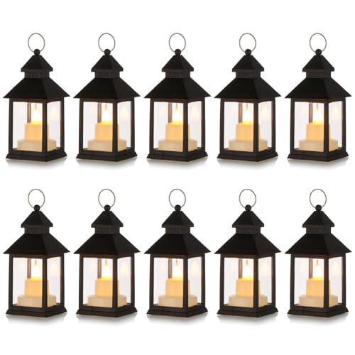 Romadedi Black Candle Lantern Decor - 10Pcs Small Decorative Black LED Lantern Hanging Candle Holders for Halloween Christmas Table Decoration Outdoor Moroccan Ramadan Wedding