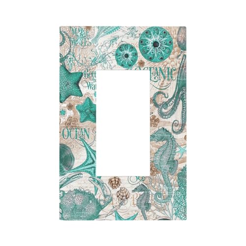 Starfish Seahorse Shell Octopus Ocean Underwater World Decorative Outlet Covers 1 Gang Single Rocker Light Switch Cover Plate Wall Plates GFCI Faceplate for Bathroom Bed Room Decor