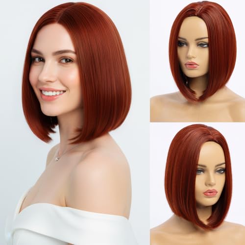 Perruque rouge Bob femme cheveux courts raides avec raie latérale pour cosplay anime et Halloween