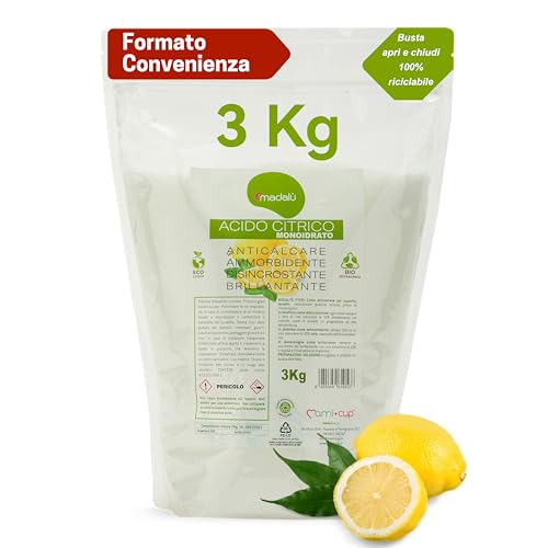 Acido Citrico per Pulizia in Polvere (3 Kg) Cura Lavastoviglie e Lavatrice, Azione Disincrostante e Anticalcare per Bagno, Cassetta WC, Ammorbidente Lavatrice, per Pulizie Naturali