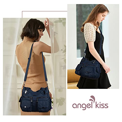 Image of Angel Kiss Women's Designer Handbag Large Double Zipper Multi Pocket Washed Leather Purse