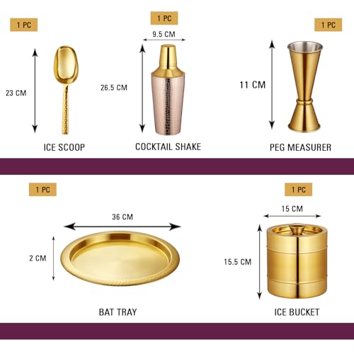 Image of Sanjeev Kapoor Stainless Steel 5pcs Bar Tool Set-1 Bar Tray - 16 inch,1 Cocktail Shaker - 33oz /1000 ml,1 Ice Bucket - 1.5 L Double Wall,1 Ice Scoop - Hollow Handle &1 Peg Measure - 30 /60 ml(Gold)