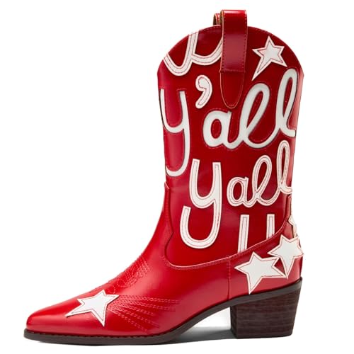 Image of Metallic Cowboy boots for Women Embroidered Mid Calf Womens Cowgirl Boots Western Pointed Toe Chunky Heel