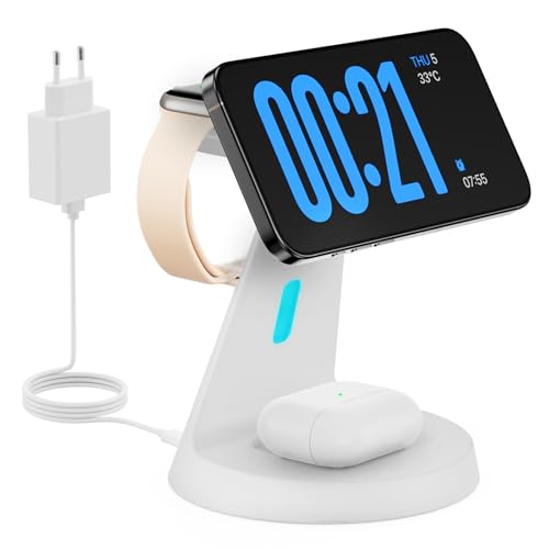 JoyGeek - 3 In 1 Kabelloses Ladegerät für Mag-Safe: JoyGeek Induktive Ladestation für Apple Watch und iPhone, Wireless Charger für i Phone 17/Air/16/15/14/13/12 Serie, für iWatch 11-2, für Air-Pods 4-2, Weiß - -19%