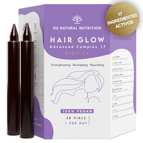 HAIR GLOW, Vitaminas para el Cabello con Biotina, Saw Palmetto, Selenio, Vitamina C, Zinc. Fortalece la Raíz y Ayuda a Prevenir la Caída Capilar. 28 Viales vía Oral. N2 Natural Nutrition
