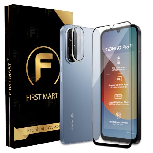 Image of FIRST MART Tempered Glass for Redmi A7 Pro 5G with Black Camera Ring Guard & Installation Kit | HD Clear Edge-to-Edge Screen Protector, Scratch Resistant, Case-Friendly | Pack of 1