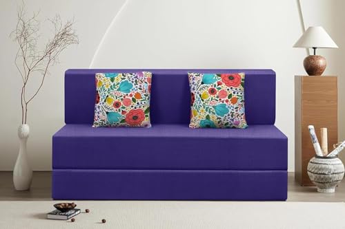 Image of Rosebell Foldable 2 Seater Sofa Cum Bed, Sofa Bed 4X6 Feet, Jute Fabric- Washable Cover- Including Two Cushion Perfect for Home & Office-Purple Color