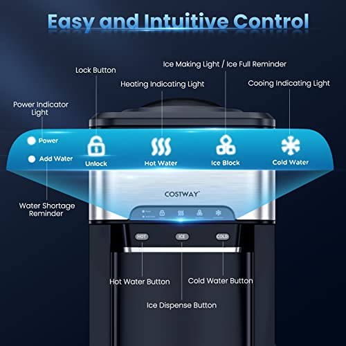 COSTWAY Distributeur d'eau avec Ice Maker, 3-in-1 Distributeur à froid portatif avec 48LBS/24H Machine à glace, serrure de sécurité pour enfants pour bouteille 3-5 Gallon