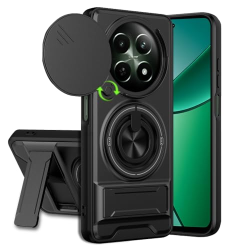 Image of Realme 12X / 12 /13 / C65 5G Back Cover | Armor Camera Slider 360 Degree Rotating Finger Ring Holder Case with Bracket Stand Back Case Cover (Compatible with MagSafe Accessories) (Black)